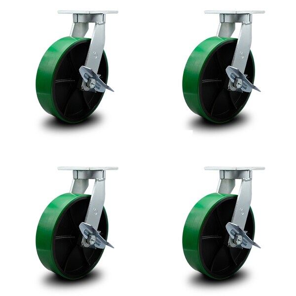 10 Inch Heavy Duty Green Poly on Cast Iron Swivel Caster Set with Brakes, 4PK